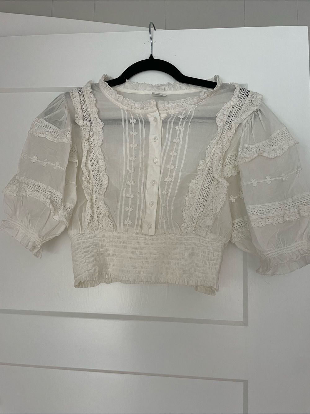 Sunday Best White Lace-Trim Smocked Crop Blouse